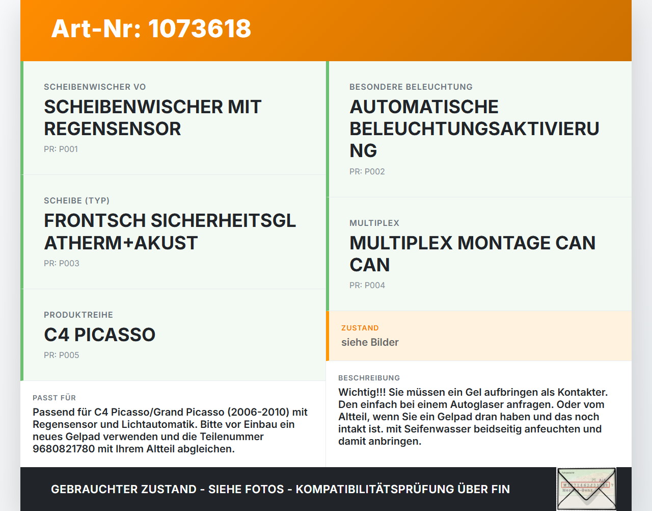 Citroen C4 Grand Picasso 06-10 Regensensor Citroen C4 Grand Picasso 06-10 12.11.2008 9680821780 1397212127 gebraucht Vorschau 3