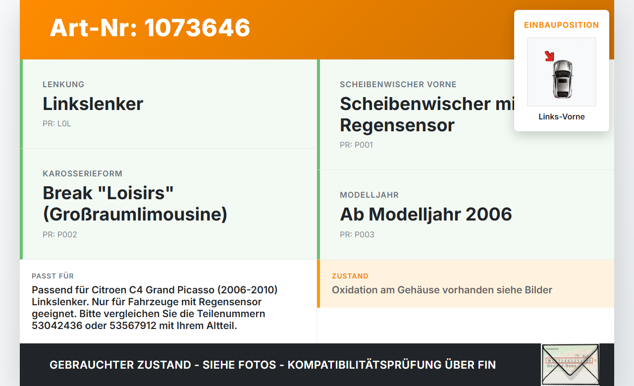 Citroen C4 Grand Picasso 06-10 Wischermotor Vorne Links Citroen C4 Grand Picasso 06-10 12.11.2008 53042436 gebraucht Vorschau 3