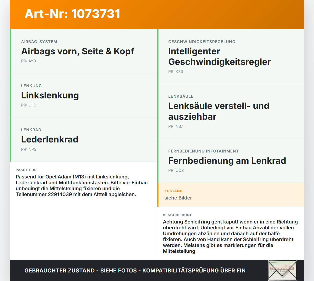 Opel Adam M13 13-19 Airbag Schleifring Wickelfeder Opel Adam M13 13-19 01.01.2015 22914039 NKY0212L gebraucht Vorschau 3