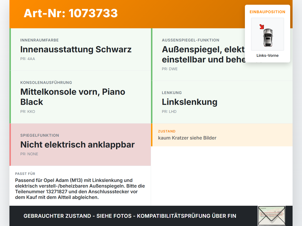 Opel Adam M13 13-19 Spiegelverstellung Aussenspiegel Schalter Links Vorne Opel Adam M13 13-19 01.01.2015 13271827... Vorschau 3
