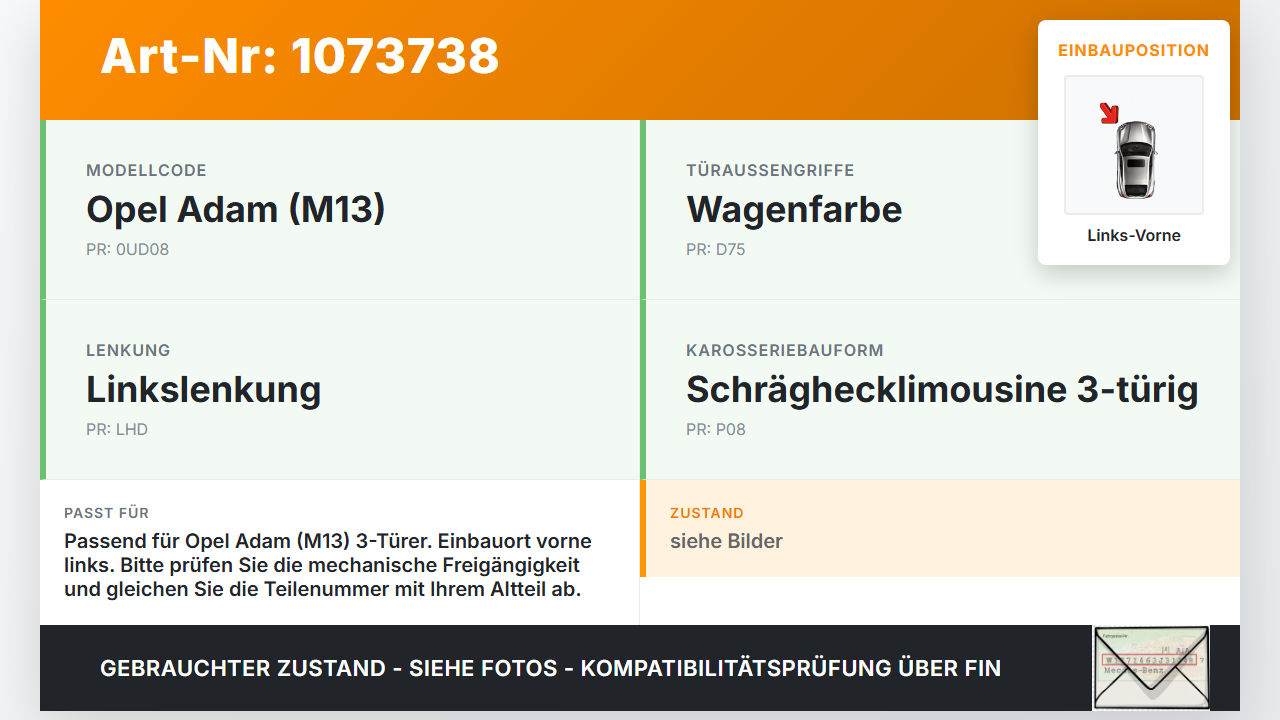 Opel Adam M13 13-19 3T Türfangband Türbremse Türanschlag Links Vorne Opel Adam M13 13-19 01.01.2015 gebraucht Vorschau 3
