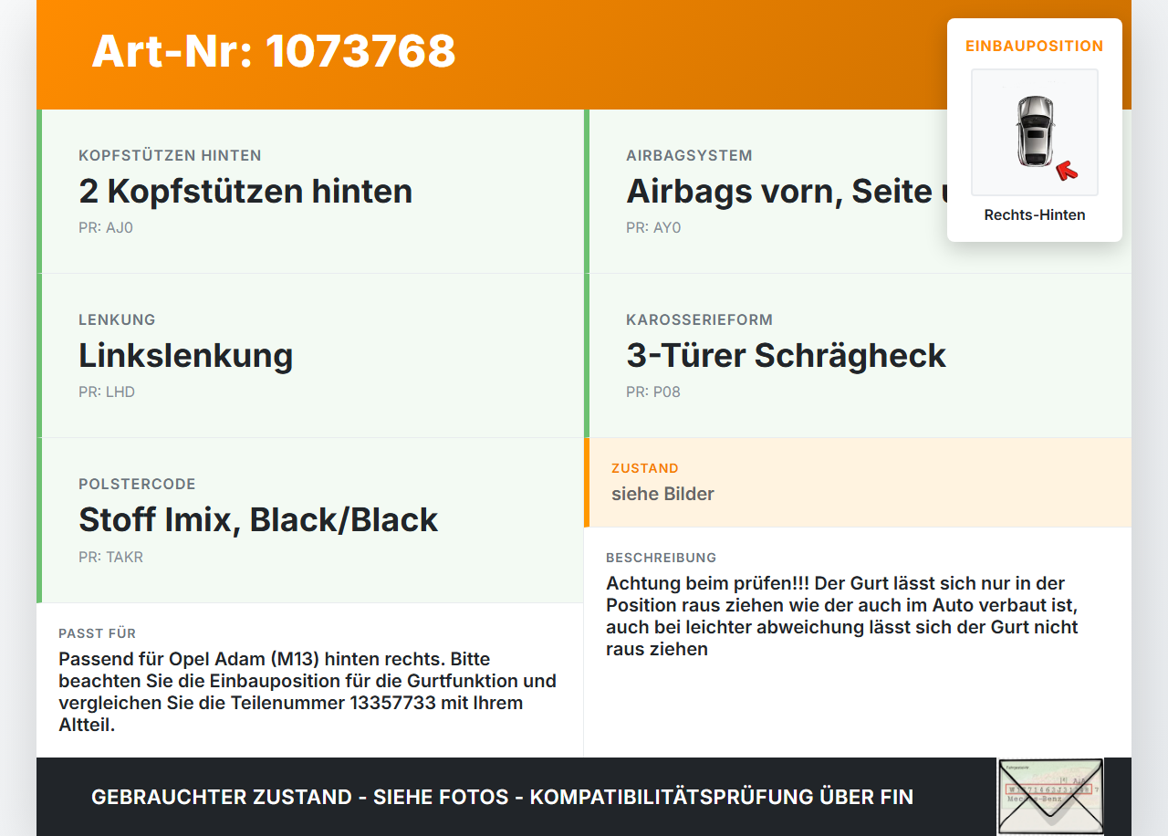 Opel Adam M13 13-19 3T Gurt Sicherheitsgurt Gurtstraffer Rechts Hinten Opel Adam M13 13-19 01.01.2015 13357733... Vorschau 3