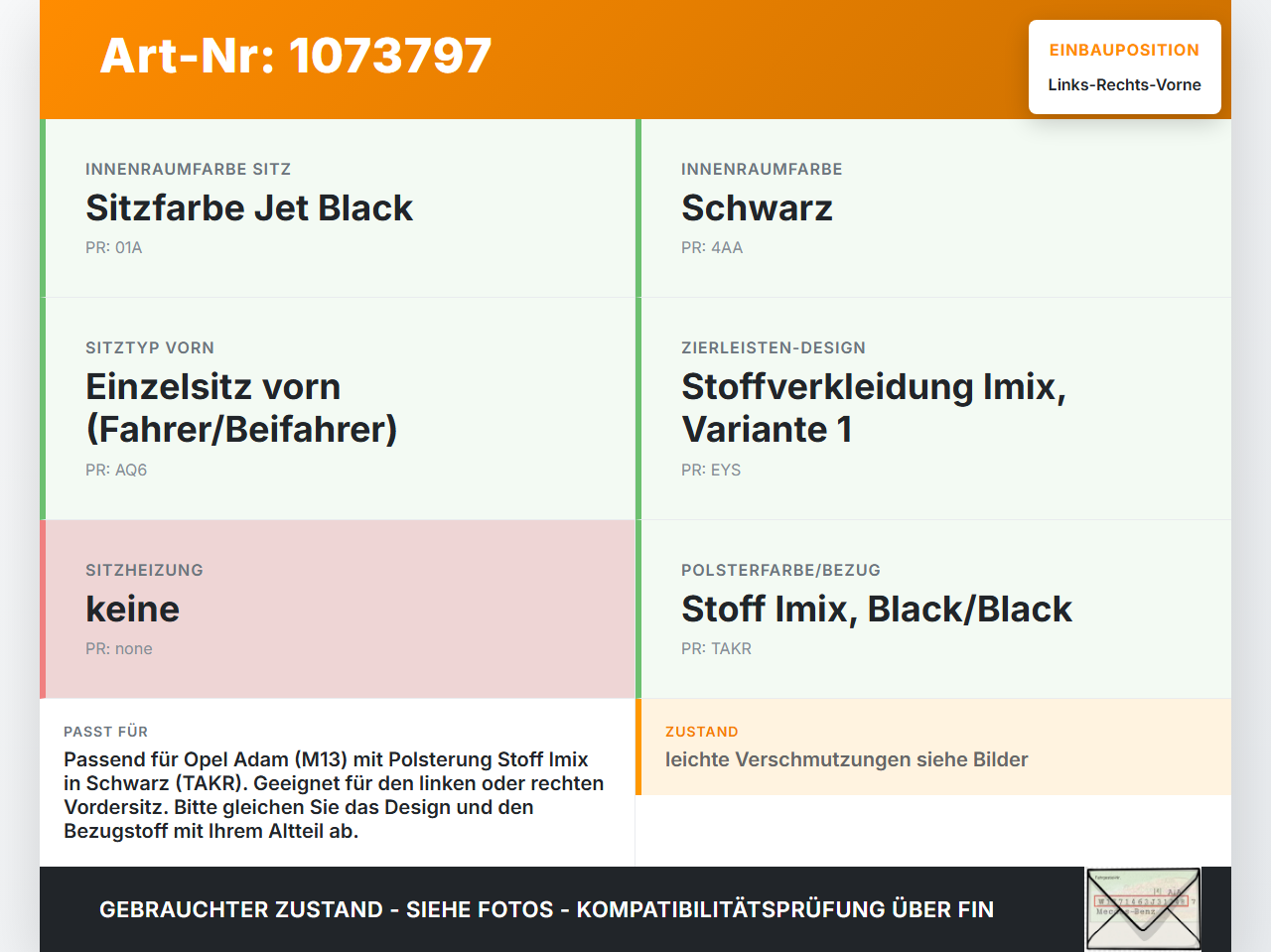 Opel Adam M13 13-19 Kopfstütze für Fahrer Sitz Rechts oder Links Vorne Opel Adam M13 13-19 01.01.2015 gebraucht Vorschau 3