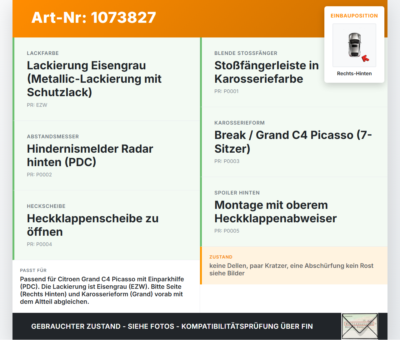 Citroen C4 Grand Picasso 06-10 Van Seitenteil für Stoßstange Stoßfänger Kotflügel Rechts Hinten EZW Citroen C4... Vorschau 3