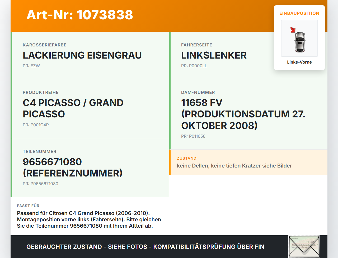 Citroen C4 Grand Picasso 06-10 Van Halter Träger Führung Aufnahme für Kotflügel Links Vorne Citroen C4 Grand... Vorschau 3