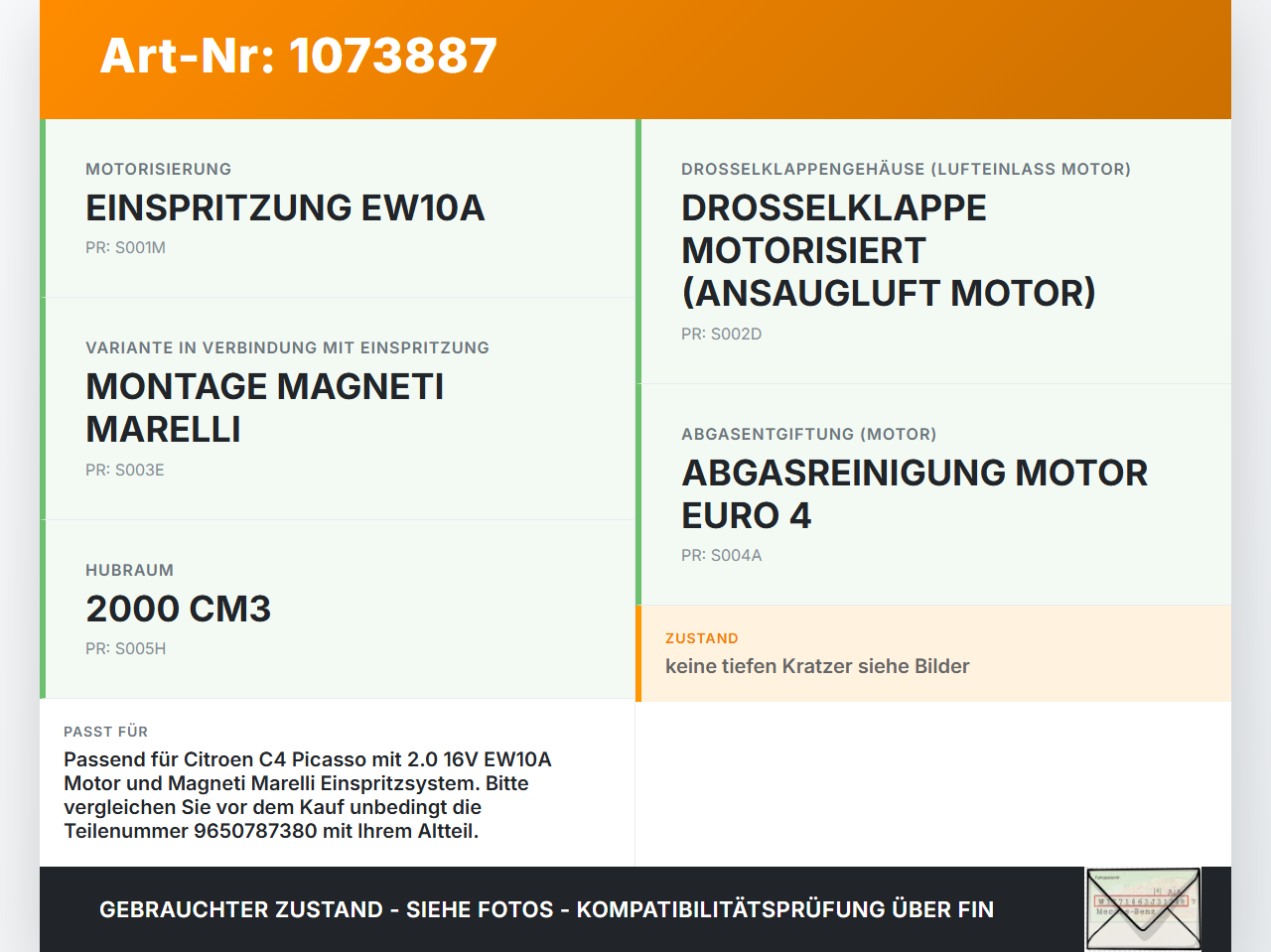 Citroen C4 Grand Picasso 06-10 1997 103KW EW10A Drosselklappe Citroen C4 Grand Picasso 06-10 12.11.2008 9650787380... Vorschau 3