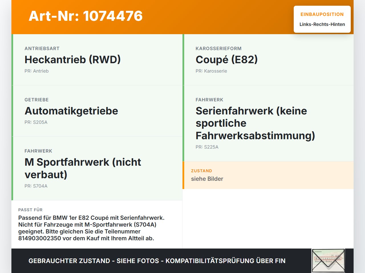 BMW 1er E82 07-11 Coupe Stossdämpfer Links und Rechts Hinten BMW 1er E82 07-11 18.06.2008 814903002350 311409 gebraucht Vorschau 3