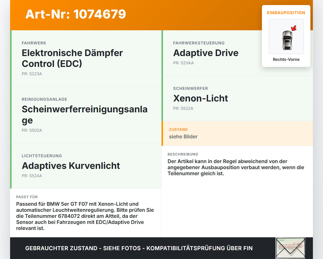 BMW 5er GT F07 09-13 Xenon LWR Sensor Neigung Rechts Vorne BMW 5er GT F07 09-13 28.03.2011 6784072 37.14-6784072-04... Vorschau 3
