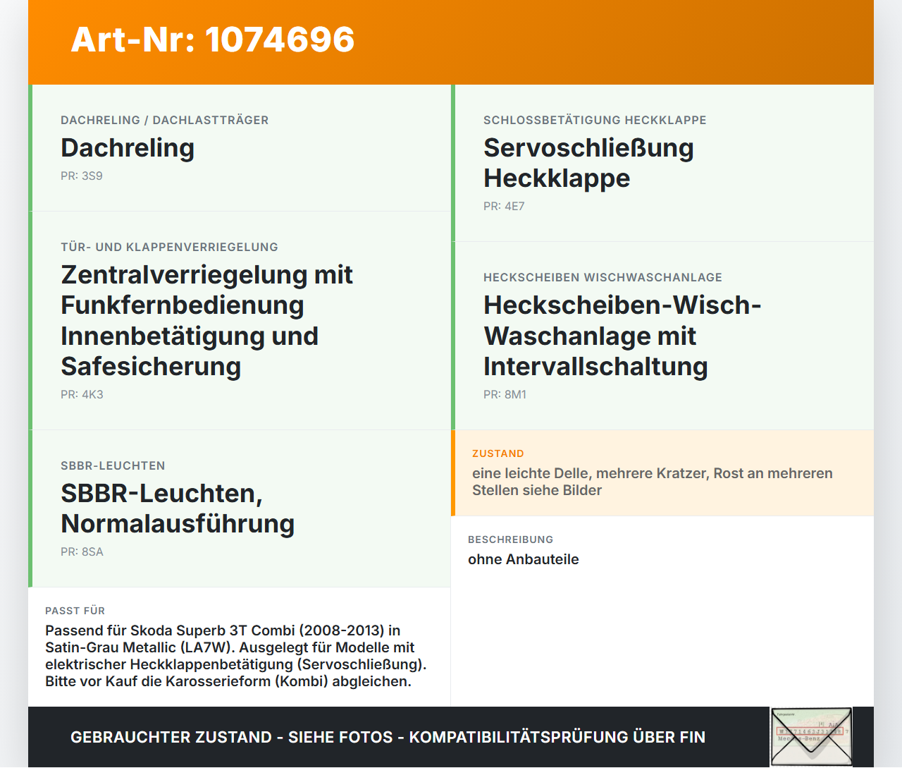 Skoda Superb 3T 08-13 Kombi Heckklappe Kofferraumdeckel LA7W Skoda Superb 3T 08-13 21.01.2011 gebraucht Vorschau 3