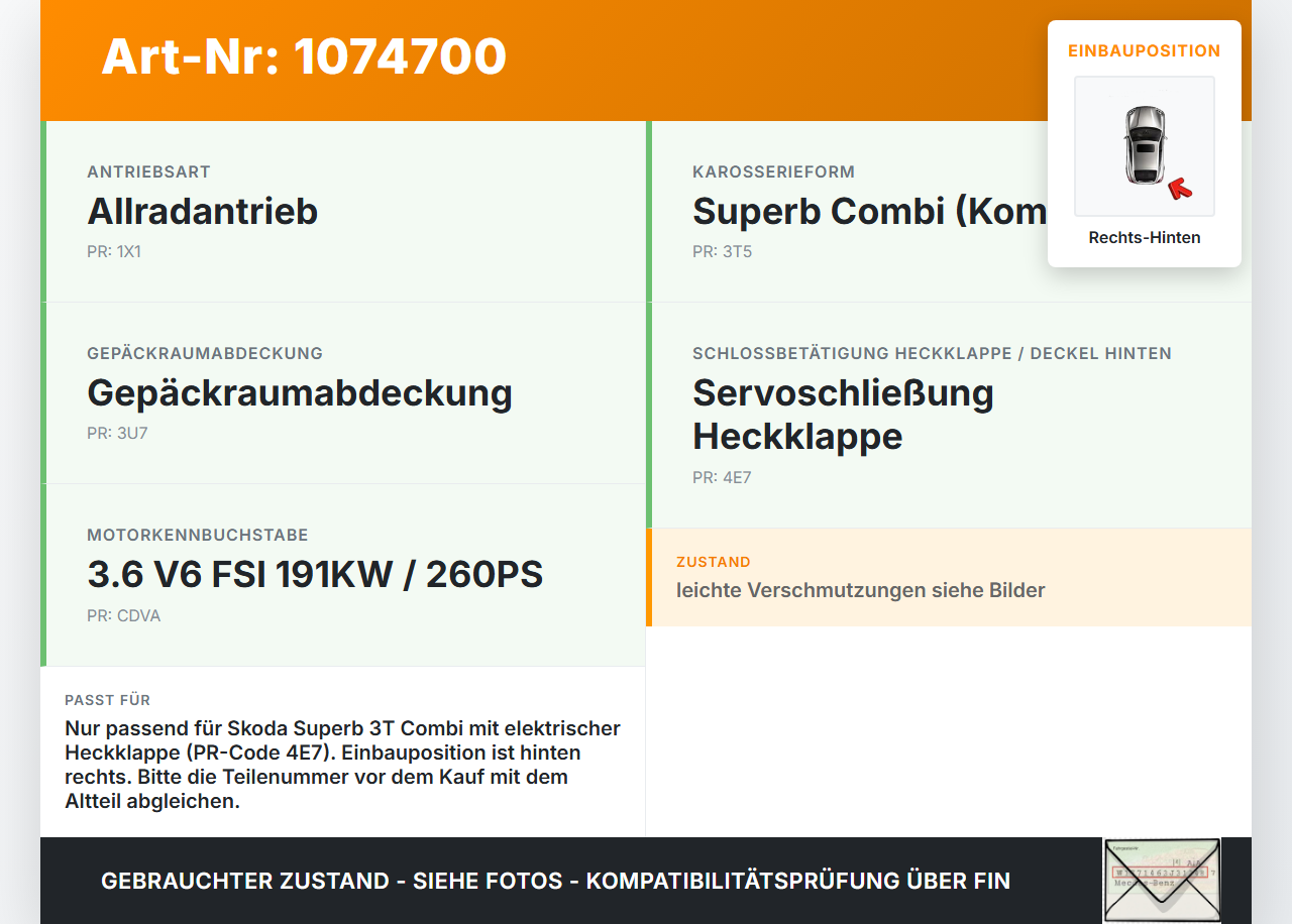Skoda Superb 3T 08-13 3,6 191KW Stellmotor Antrieb Rechts Hinten Skoda Superb 3T 08-13 21.01.2011 gebraucht Vorschau 3