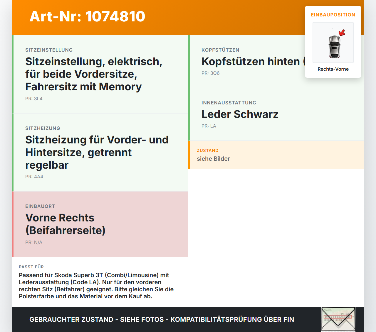 Skoda Superb 3T 08-13 Kopfstütze Nackenstütze Leder Schwarz Rechts Vorne Skoda Superb 3T 08-13 21.01.2011 gebraucht Vorschau 3