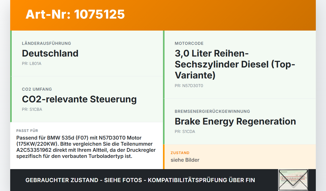 BMW 5er GT F07 09-13 3,0 175KW Druckregler für Turbolader BMW 5er GT F07 09-13 28.03.2011 59.00-1107426 A2C53351962... Vorschau 3