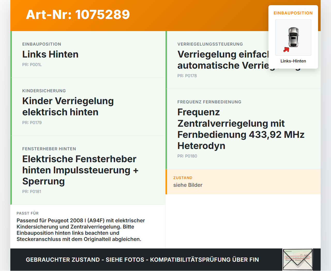 Peugeot 2008 I CU 13-16 Türschloss Stellmotor Zentralverriegelung Links Hinten Peugeot 2008 I CU 13-16 30.09.2013... Vorschau 3