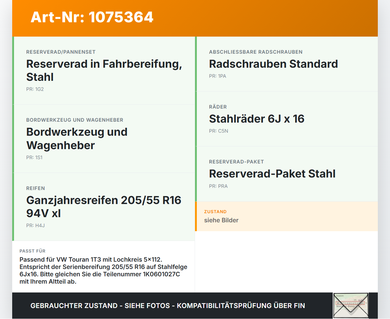 VW Touran 1T3 10-15 1 x Komplettrad Ersatzrad Stahlfelge Ganzjahresreifen 205/55R16 5X112 VW Touran 1T3 10-15... Vorschau 3