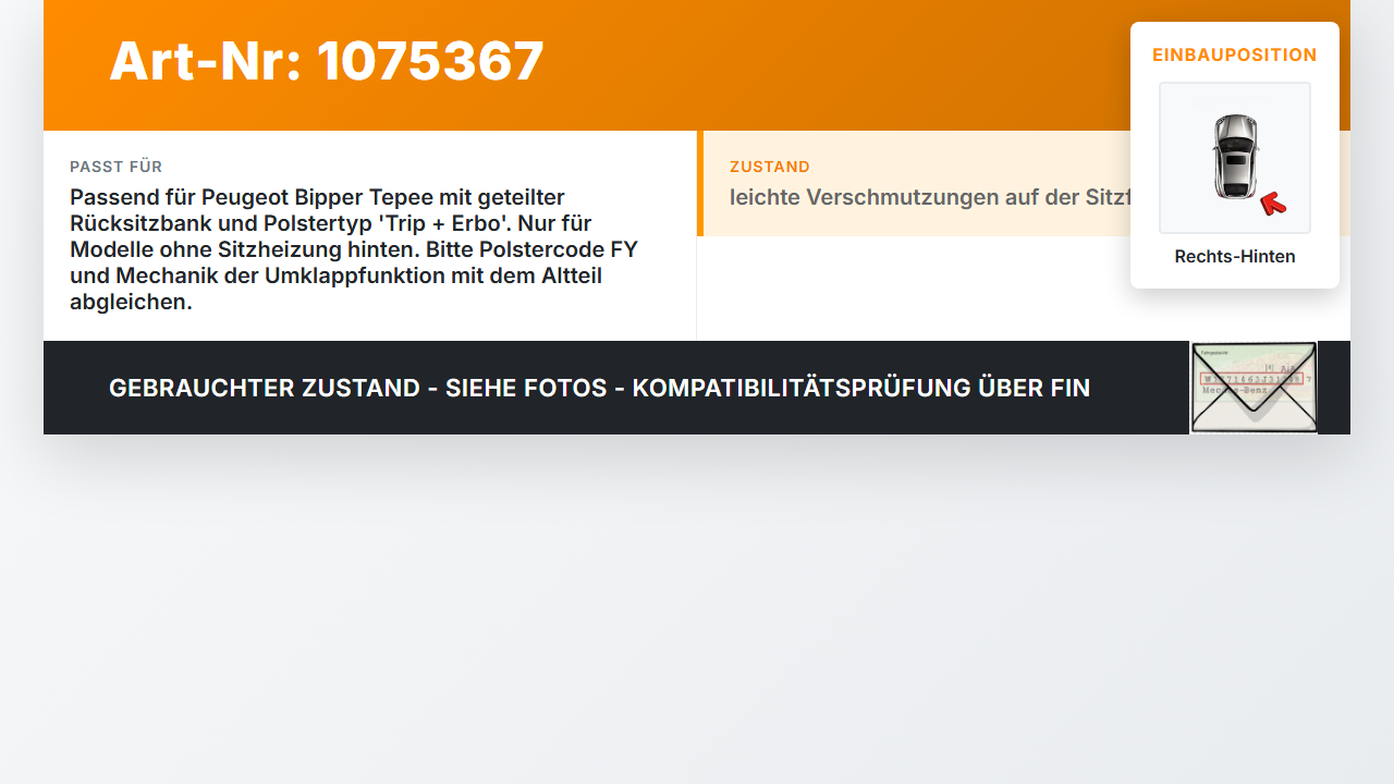 Peugeot Bipper 08-17 Rücksitzbank Sitz Rücksitz Einzelsitz klappbar Rechts Hinten Peugeot Bipper 08-17 30.04.2010... Vorschau 3