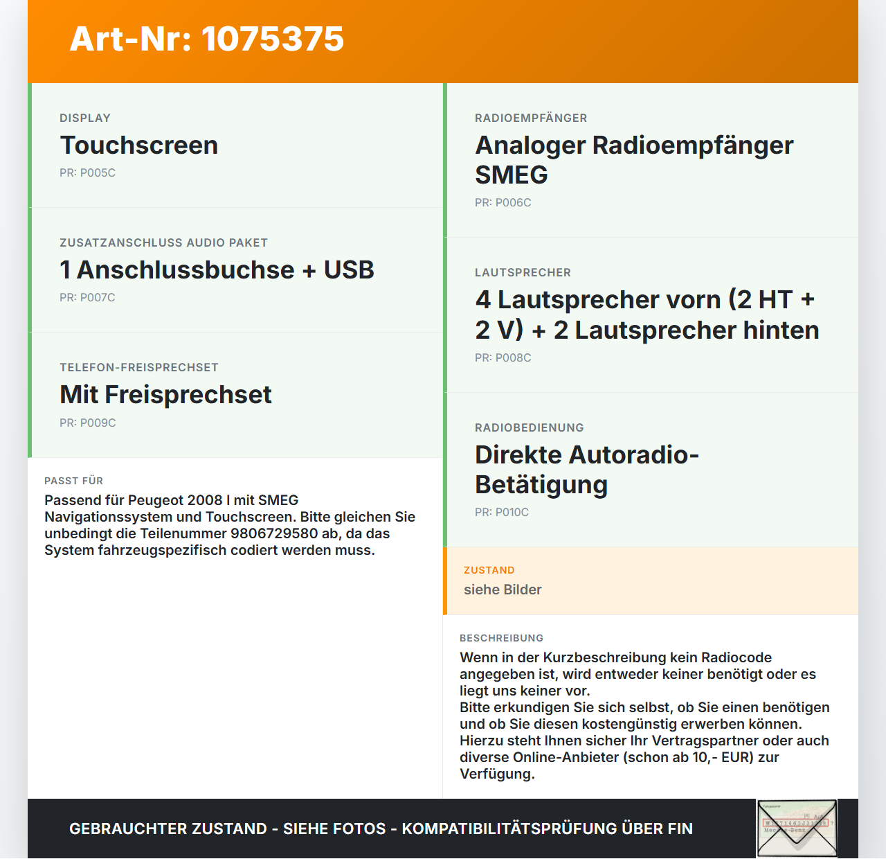 Peugeot 2008 I CU 13-16 Autoradio CD-Player Navigation SMEG Rechner Head Unit Peugeot 2008 I CU 13-16 30.09.2013... Vorschau 3