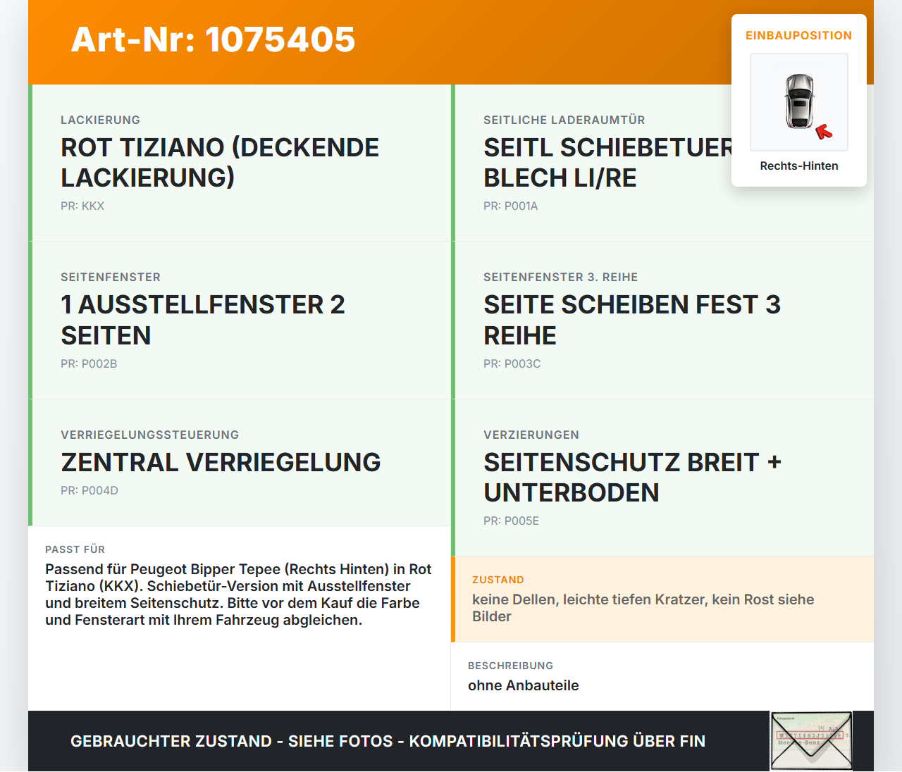 Peugeot Bipper 08-17 Mehrzweckfahrzeug Tür Schiebetür Rechts Hinten KKX Peugeot Bipper 08-17 30.04.2010 gebraucht Vorschau 3