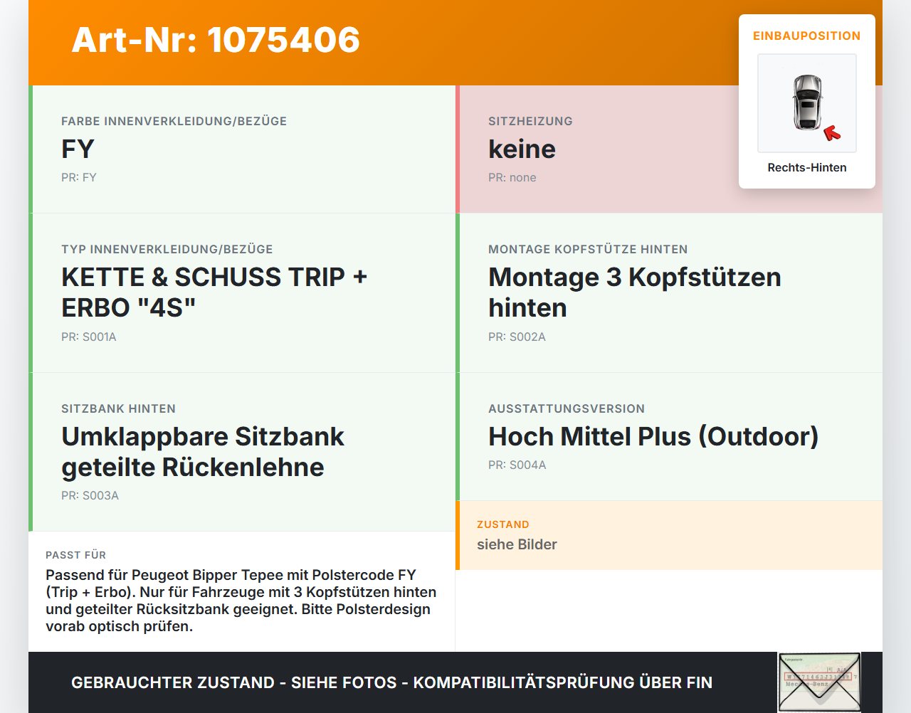 Peugeot Bipper 08-17 Kopfstütze Stütze Nackenstütze Rechts Hinten Peugeot Bipper 08-17 30.04.2010 gebraucht Vorschau 3