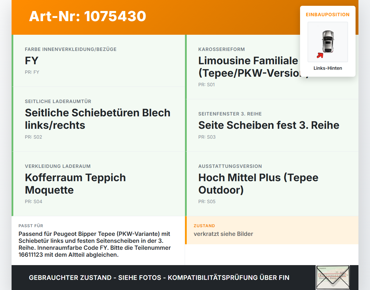 Peugeot Bipper 08-17 Mehrzweckfahrzeug Seitenverkleidung Kofferraum Verkleidung Links Hinten Peugeot Bipper 08-17... Vorschau 3