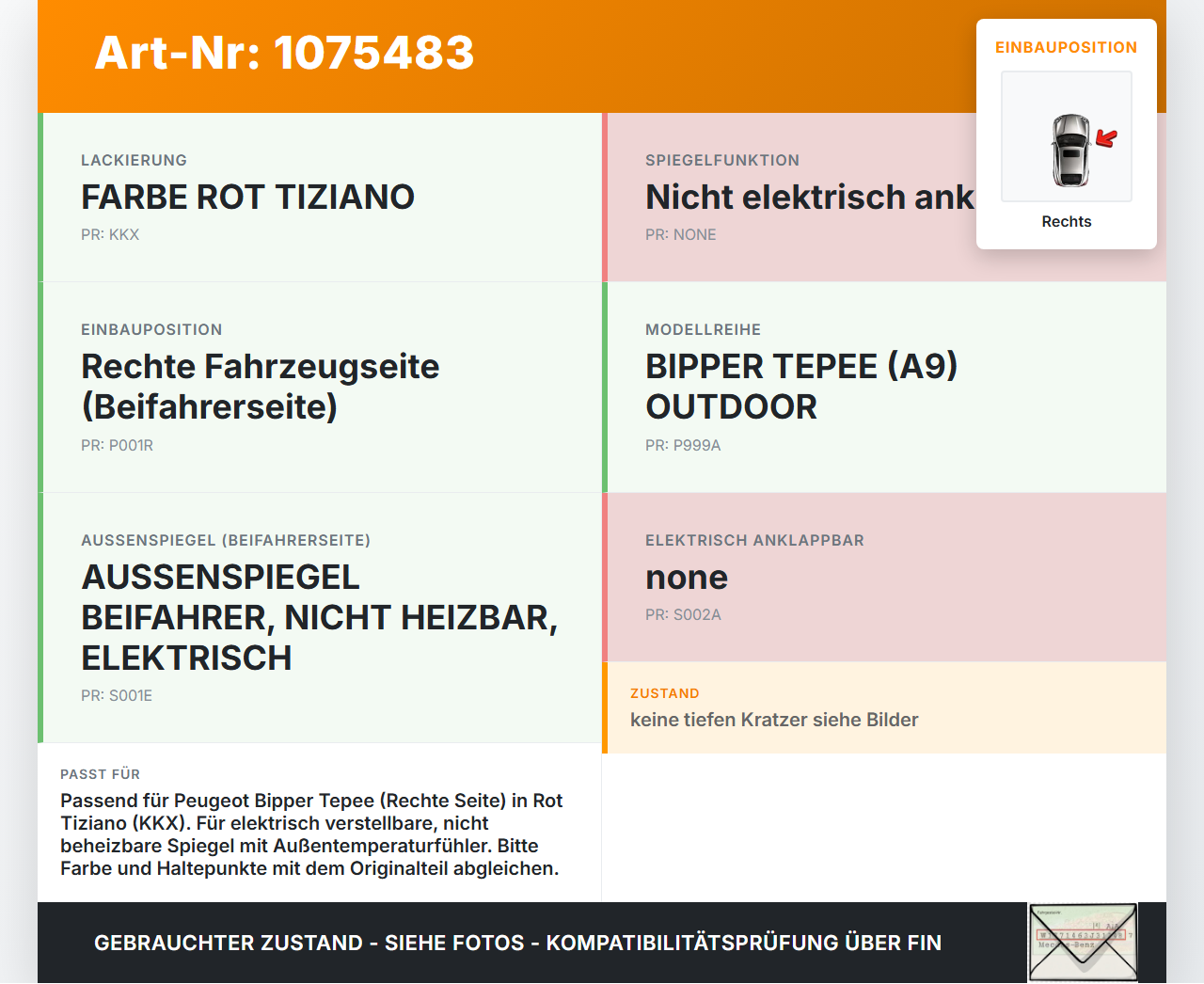 Peugeot Bipper 08-17 Kappe Aussenspiegel Spiegel Gehäuse Rechts KKX Peugeot Bipper 08-17 30.04.2010 gebraucht Vorschau 3