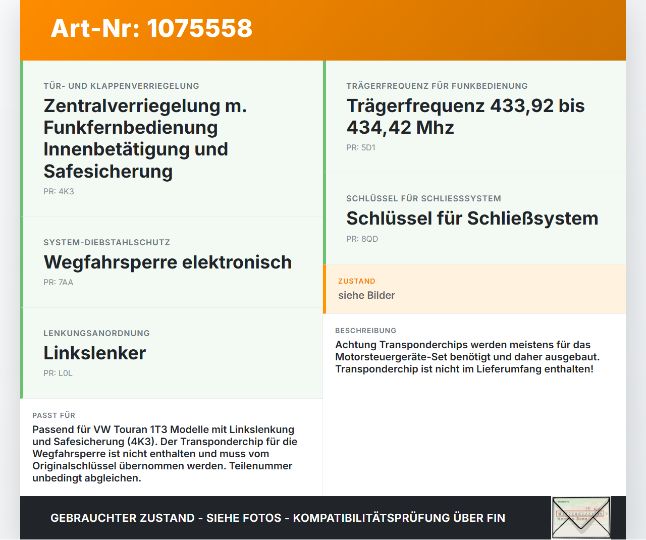 VW Touran 1T3 10-15 Zündschloss Schließzylinder 1x Funk Schlüssel Set VW Touran 1T3 10-15 05.04.2011 f107905855CF... Vorschau 3
