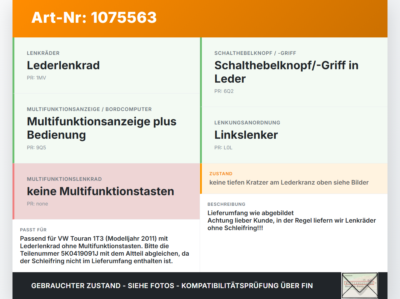 VW Touran 1T3 10-15 Lederlenkrad Airbaglenkrad 3-Speichen Leder Lenkrad VW Touran 1T3 10-15 05.04.2011 5K0419091J... Vorschau 3