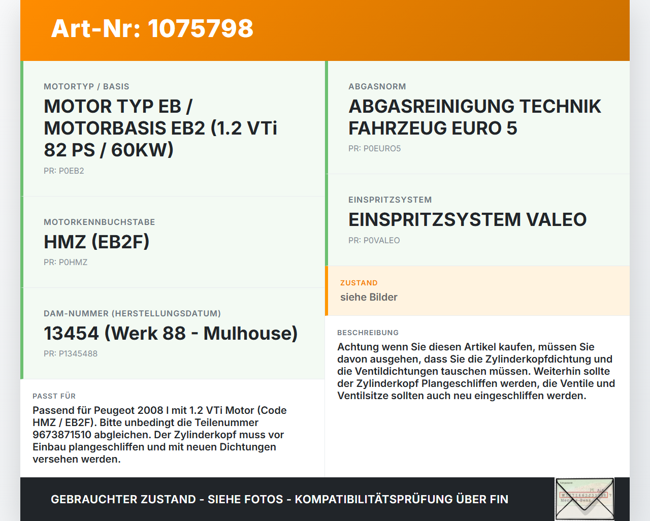 Peugeot 2008 I CU 13-16 1,2 60KW HMZ/EB2F Zylinderkopf Peugeot 2008 I CU 13-16 30.09.2013 9673871510 gebraucht Vorschau 3