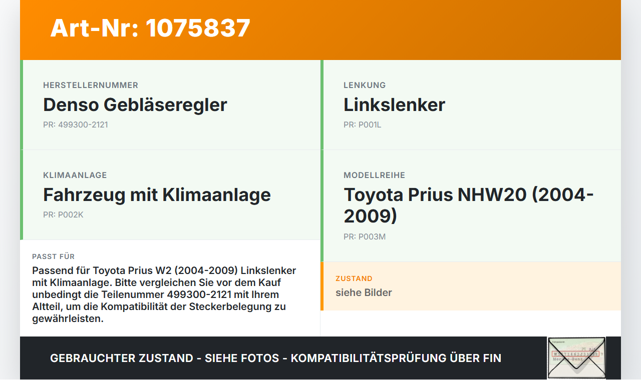 Toyota Prius W2 II 05-09 Widerstand Gebläse Lüfter Regler SG Toyota Prius W2 II 05-09 01.07.2004 499300-2121 gebraucht Vorschau 3