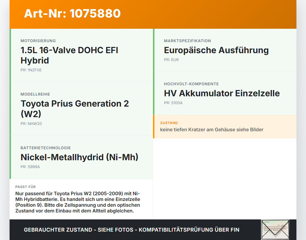 Toyota Prius W2 II 05-09 5T Hybrid Ni-Mh Batteriezelle Pos.9 für HV Akku Batterie Toyota Prius W2 II 05-09... Vorschau 3