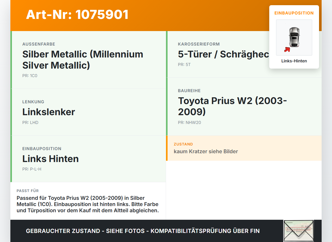 Toyota Prius W2 II 05-09 5T Türgriff Griff aussen Links Hinten  1C0 Toyota Prius W2 II 05-09 01.07.2004 gebraucht Vorschau 3