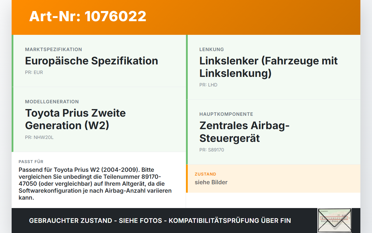 Toyota Prius W2 II 05-09 Airbag Steuergerät Airbagsteuergerät Toyota Prius W2 II 05-09 01.07.2004 89170-47390... Vorschau 3