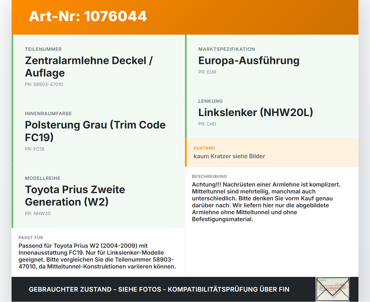 Toyota Prius W2 II 05-09 Armlehne Mittelarmlehne Auflage Toyota Prius W2 II 05-09 01.07.2004 58903-47010... Vorschau 3