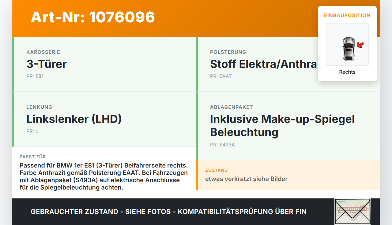 BMW E81 1er 116i LCI 07-13 Sonnenblende Rechts für Beifahrer BMW E81 1er 116i LCI 07-13 28.05.2008 gebraucht Vorschau 3