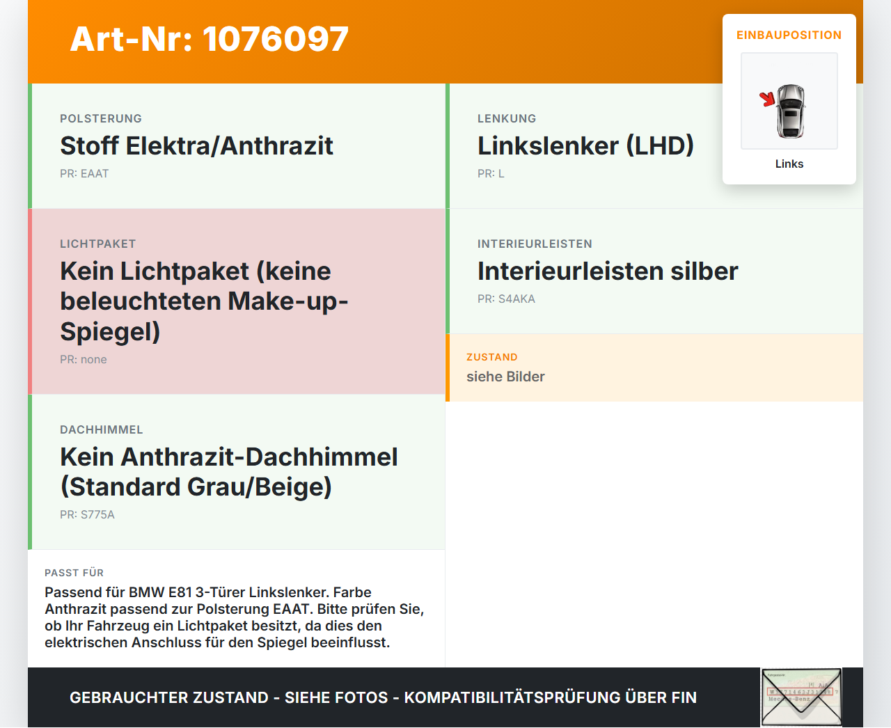 BMW E81 1er 116i LCI 07-13 Sonnenblende Links für Fahrer BMW E81 1er 116i LCI 07-13 28.05.2008 gebraucht Vorschau 3