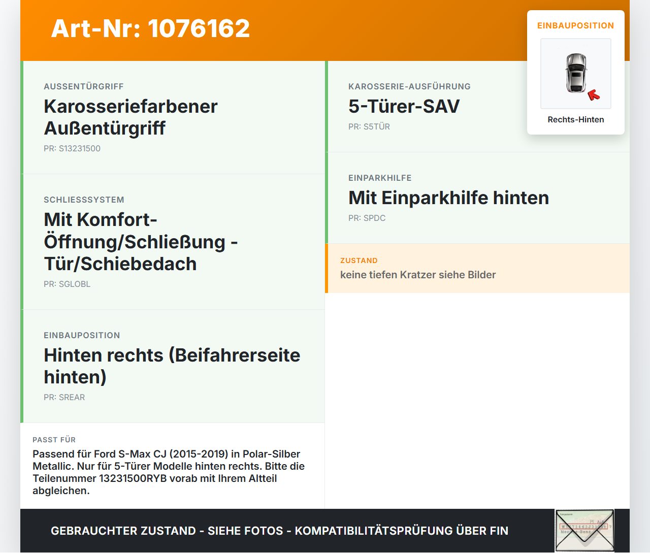 Ford S-Max CJ WA6 15-19 Türgriff Griff aussen Rechts Hinten ZJNCWWA Ford S-Max CJ WA6 15-19 11.09.2017... Vorschau 3