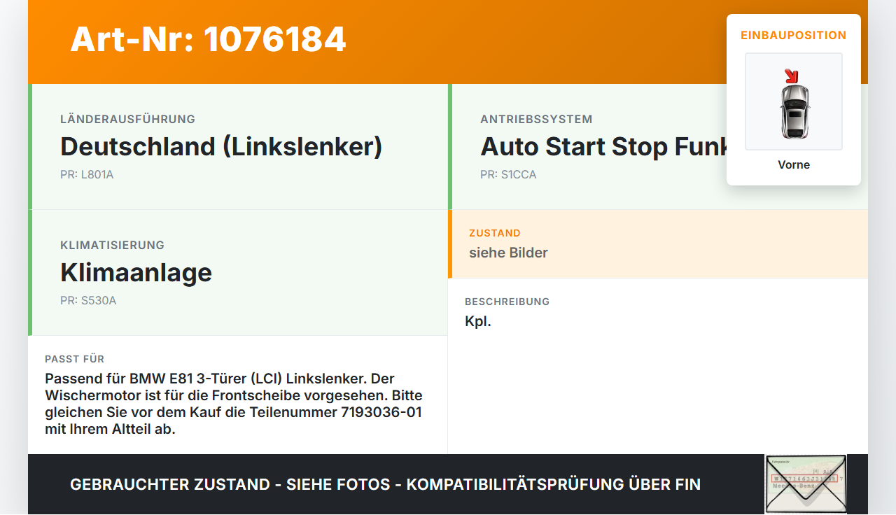 BMW E81 1er 116i LCI 07-13 Scheibenwischermotor Wischermotor m. Gestänge Vorne BMW E81 1er 116i LCI 07-13... Vorschau 3