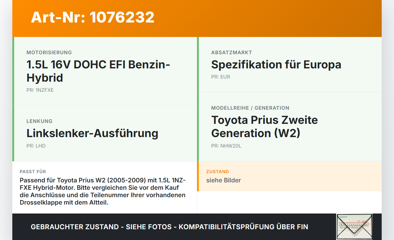 Toyota Prius W2 II 05-09 1,5 57KW 1NZFXE Drosselklappe Toyota Prius W2 II 05-09 01.07.2004 gebraucht Vorschau 3