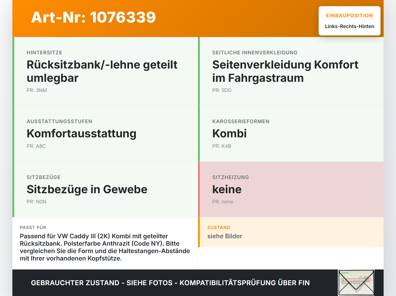 VW Caddy III 2K 10-15 Kopfstütze Rechts oder Links Hinten VW Caddy III 2K 10-15 22.12.2011 gebraucht Vorschau 3