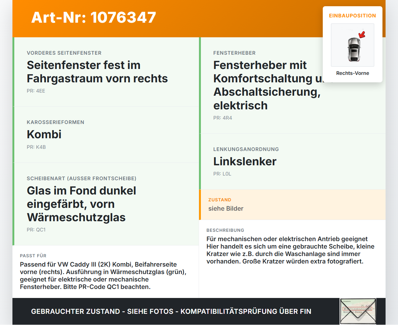 VW Caddy III 2K 10-15 Kombi RVK Seitenscheibe Tür Türscheibe Rechts Vorne VW Caddy III 2K 10-15 22.12.2011 gebraucht Vorschau 3