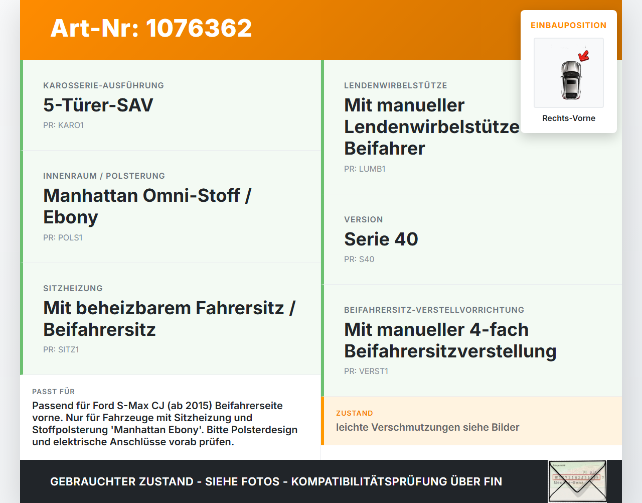 Ford S-Max CJ WA6 15-19 Sitzbezug Sitzpolster für Beifahrersitz Rechts Vorne beheizt Ford S-Max CJ WA6 15-19... Vorschau 3