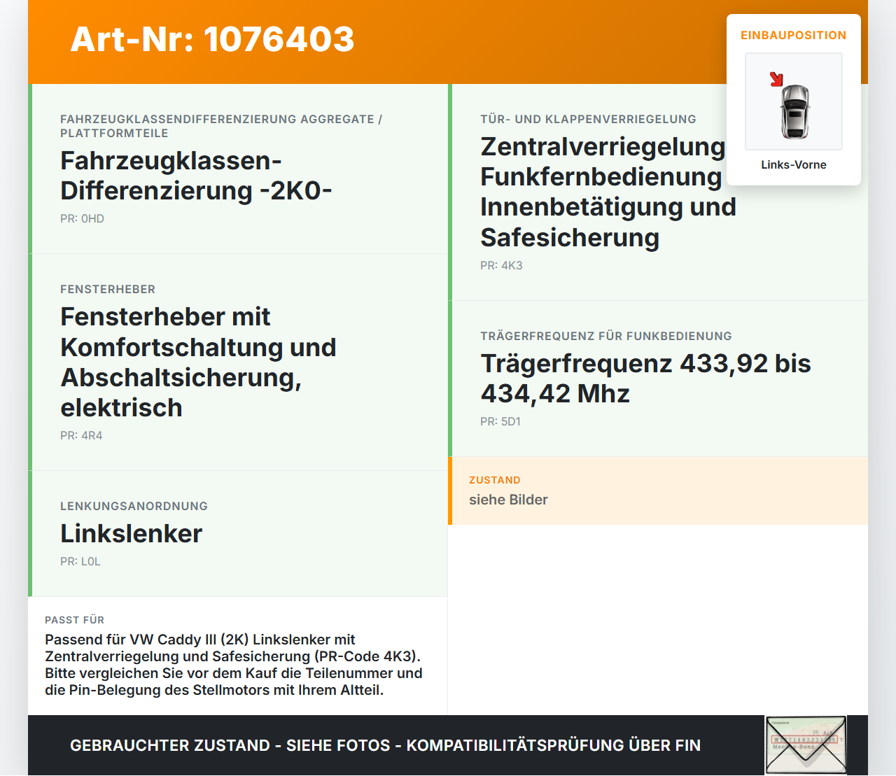 VW Caddy III 2K 10-15 Kombi Türschloss mit Stellmotor Vorne Links VW Caddy III 2K 10-15 22.12.2011 3D1837015AS... Vorschau 3