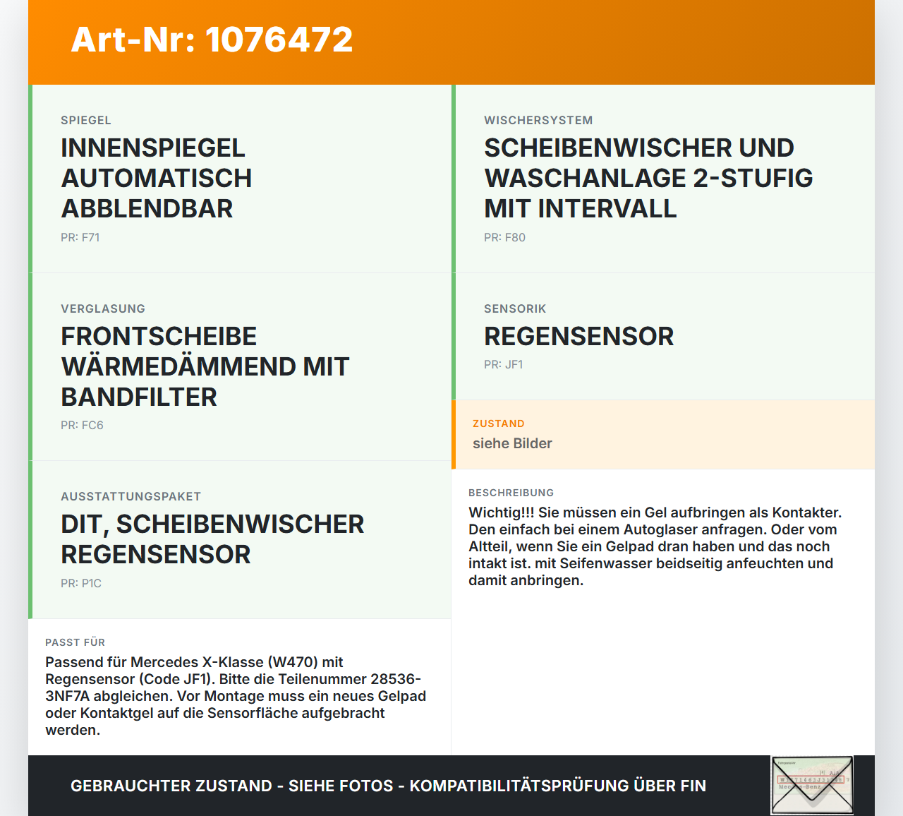 Mercedes X-Kl 470 X220d 17-20 Regensensor Mercedes X-Kl 470 X220d 17-20 27.10.2017 28536-3NF7A 6PW011465-00 gebraucht Vorschau 3