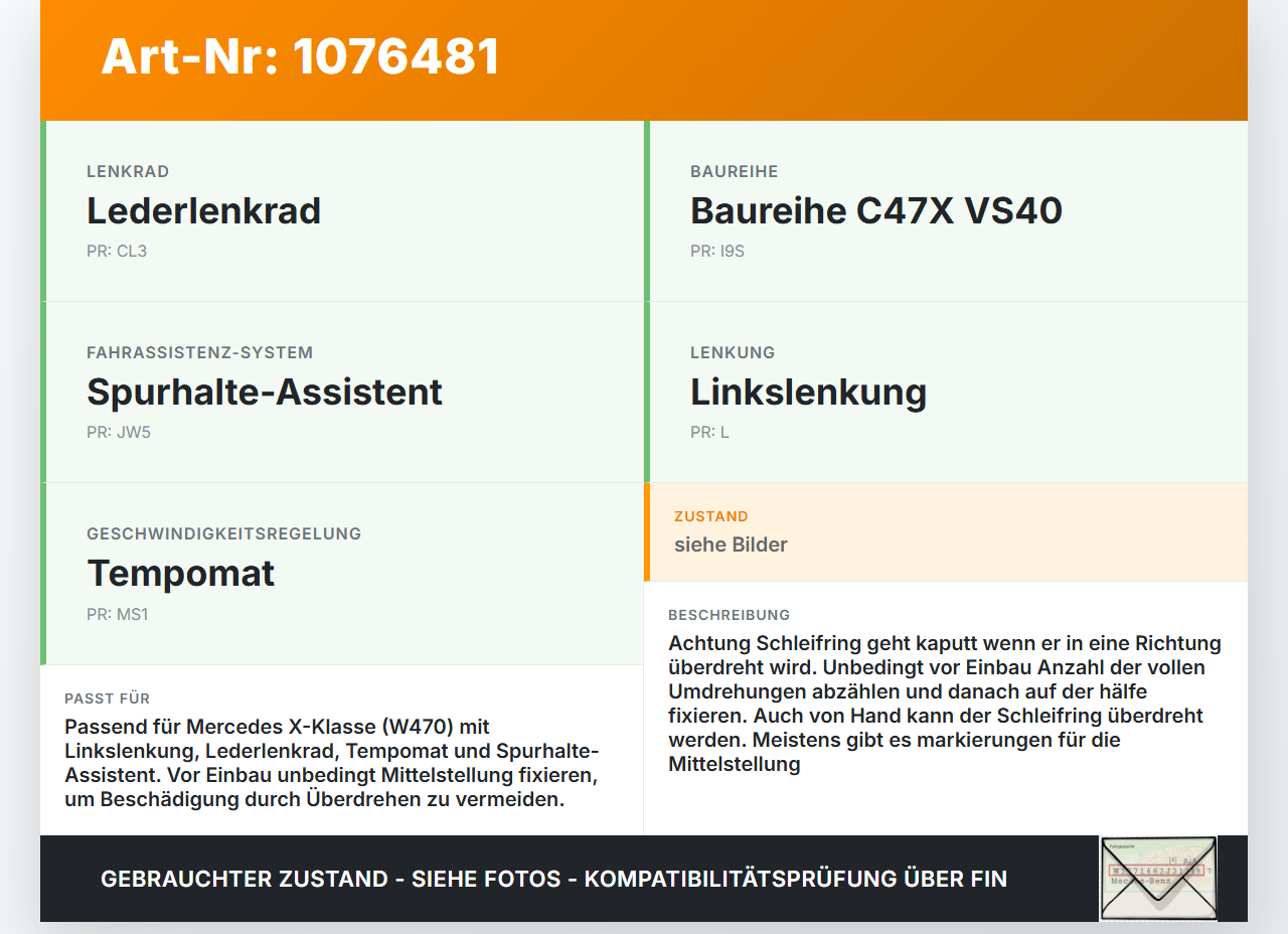 Mercedes X-Kl 470 X220d 17-20 Airbag Schleifring Wickelfeder Mercedes X-Kl 470 X220d 17-20 27.10.2017 gebraucht Vorschau 3