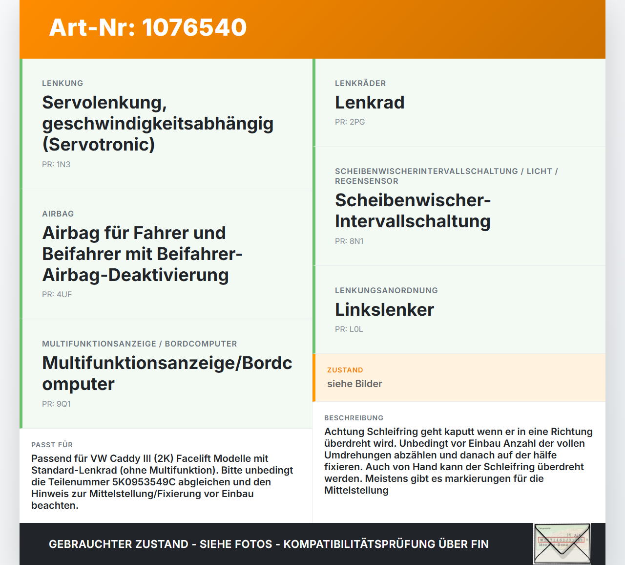 VW Caddy III 2K 10-15 Airbag Schleifring Wickelfeder VW Caddy III 2K 10-15 22.12.2011 5K0953549C 10025148-04... Vorschau 3