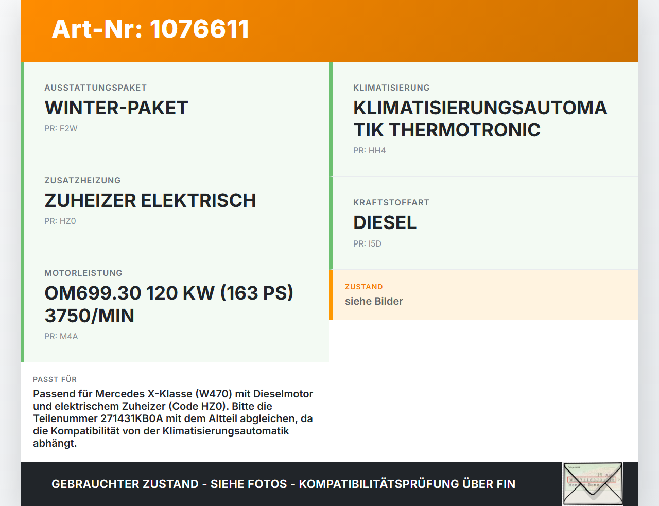 Mercedes X-Kl 470 X220d 17-20 PTC Zuheizer Heizelement Zusatzheizung Mercedes X-Kl 470 X220d 17-20 27.10.2017... Vorschau 3