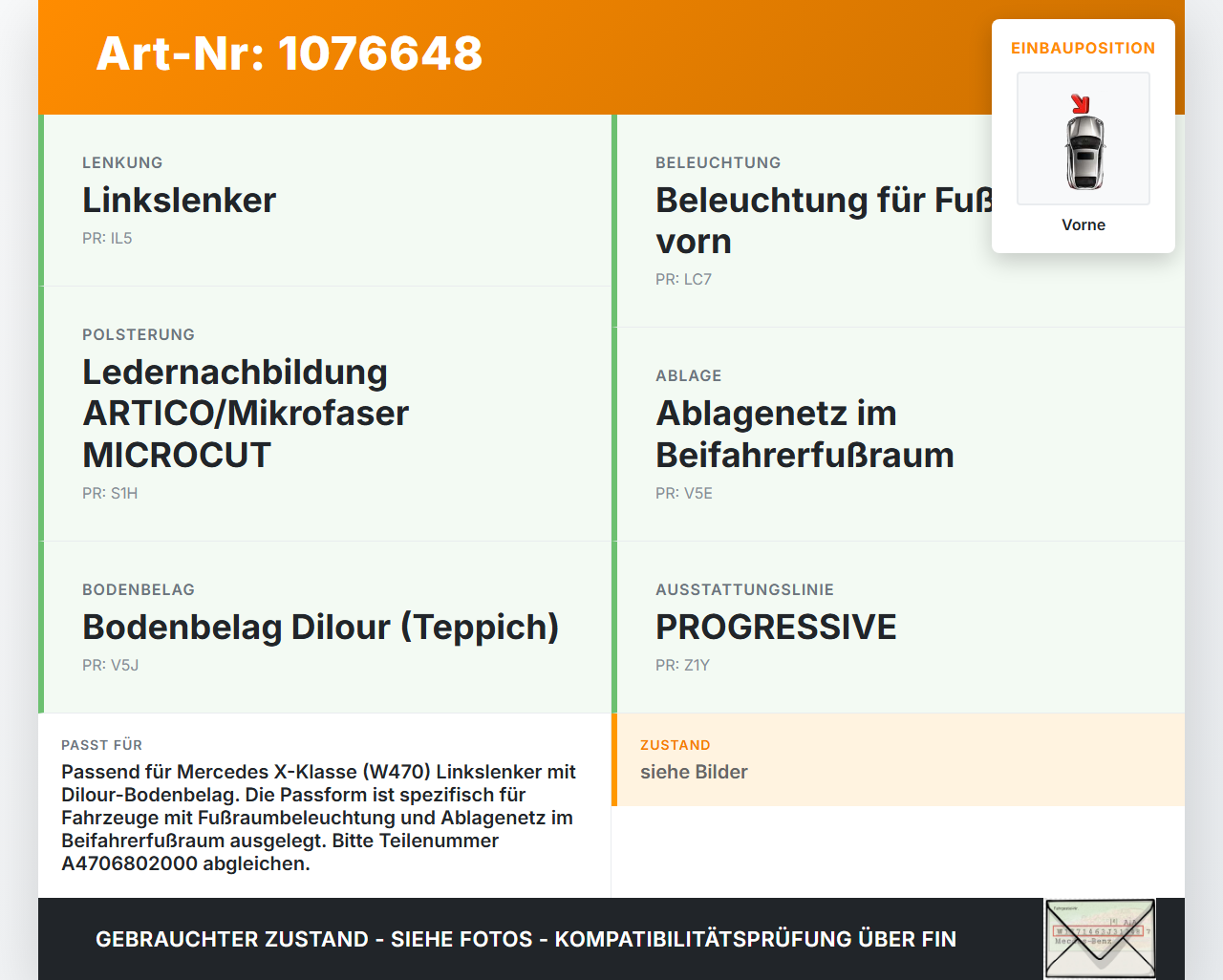 Mercedes X-Kl 470 X220d 17-20 Fussmatten Vorne Mercedes X-Kl 470 X220d 17-20 27.10.2017 A4706802000 gebraucht Vorschau 3
