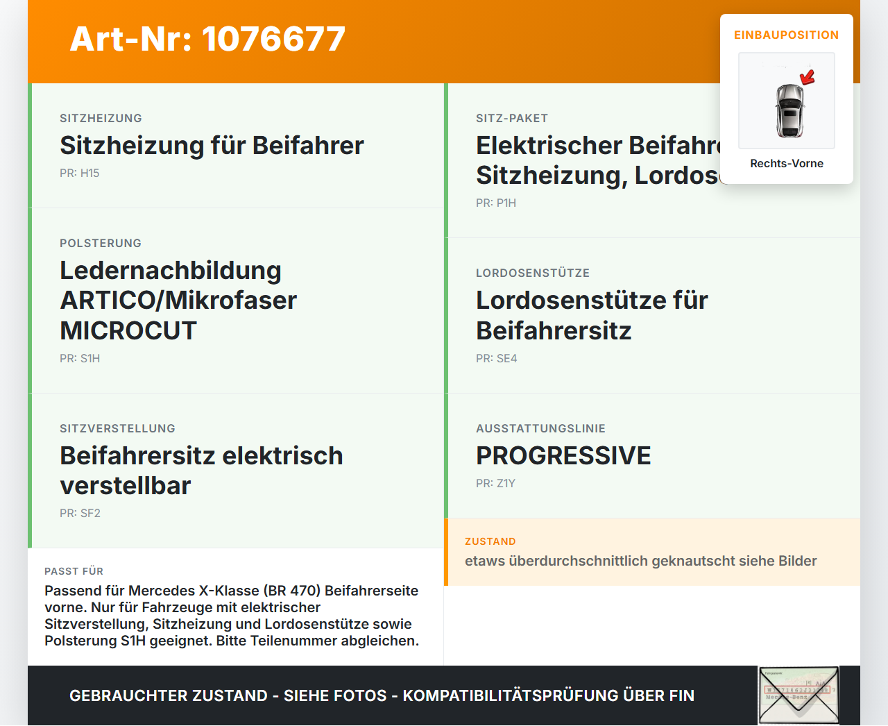 Mercedes X-Kl 470 X220d 17-20 Sitzbezug Rückenpolster Rechts Vorne für Beifahrer Sitz Mercedes X-Kl 470 X220d 17-20... Vorschau 3