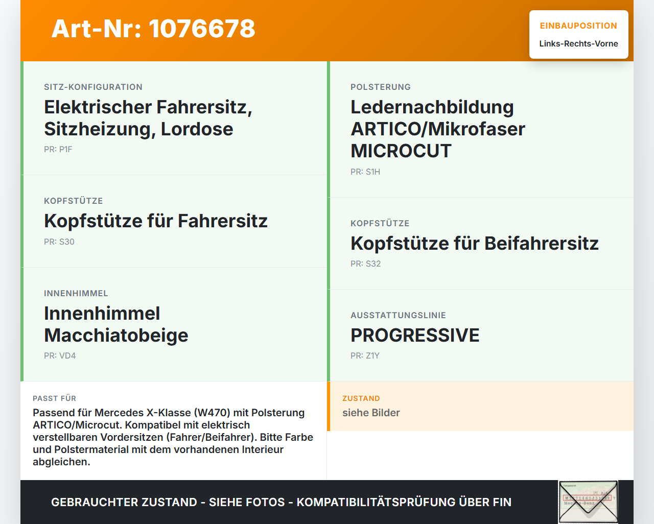 Mercedes X-Kl 470 X220d 17-20 Kopfstütze für Fahrer Sitz Rechts oder Links Vorne Mercedes X-Kl 470 X220d 17-20... Vorschau 3