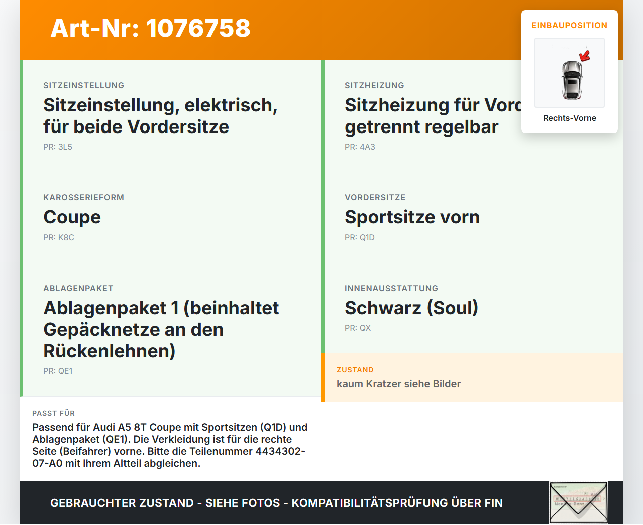 Audi A5 8T 11-16 Coupe Abdeckung Sitzverkleidung Rückwand mit Netz Rechts Vorne Audi A5 8T 11-16 15.05.2013... Vorschau 3