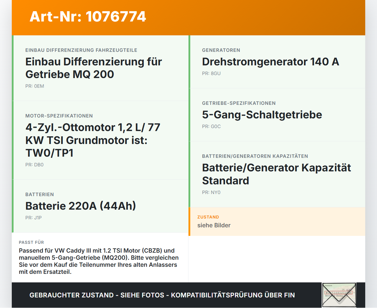 VW Caddy III 2K 10-15 1,2 63KW Anlasser Starter VW Caddy III 2K 10-15 22.12.2011 gebraucht Vorschau 3